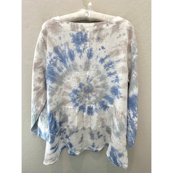 ALI MILES | Tie Dye Linen Cotton White Blue Tiered Back Mesh Hem Tunic | Large - Picture 4 of 7